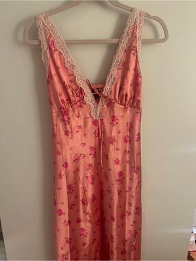 wild fable Coral Pink Floral Satin Lace-Trim Dress